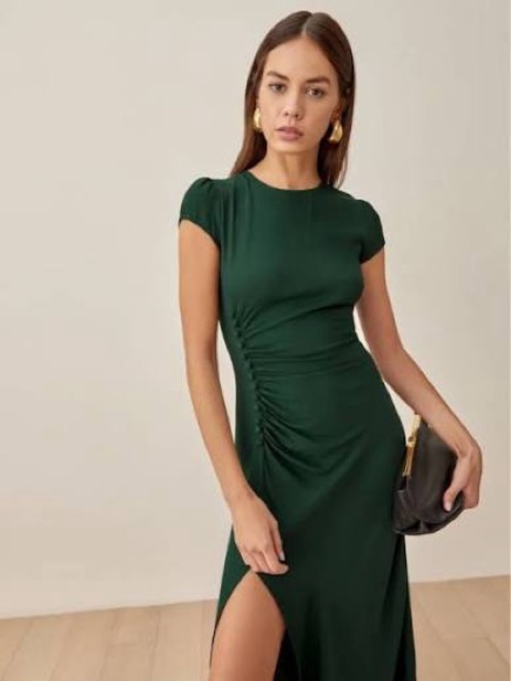 Reformation Frasier Green Ruched Side MIDI Dress - Women